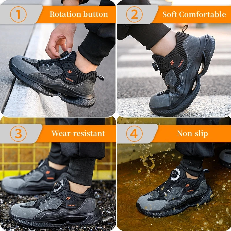 Zapatos de seguridad de trabajo con botón giratorio para hombres y mujeres, zapatos con puntera de acero, botas de seguridad indestructibles, zapatillas de trabajo protectoras ligeras.
