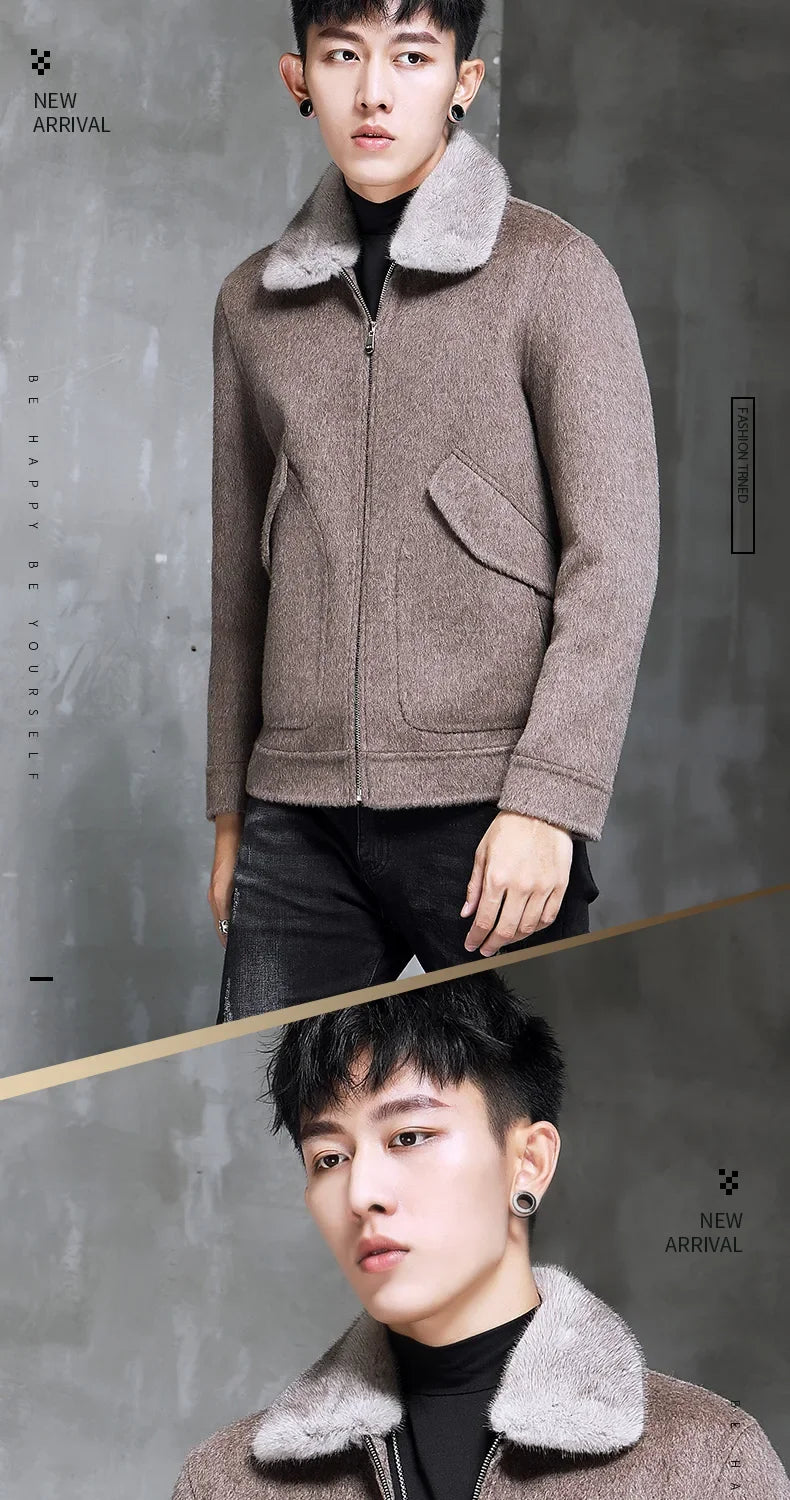 AYUNSUE Spring Autumn Wool Coat Men Double-sided Alpaca Jacket Mink Fur Collar Mens Coats and Jackets Overcoat 1970B KJ3859
