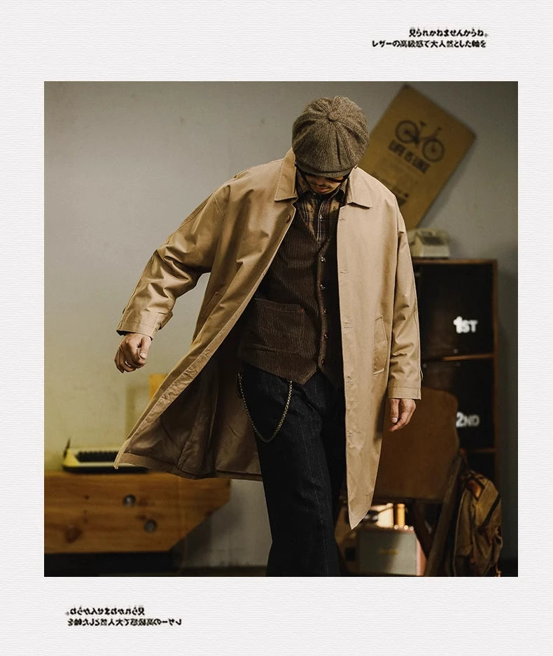 Retro American Sle Men's Long Coat Cotton Casual Faion Urban Youth Pure Color Button up Loose Fit Autumn Winter Coat