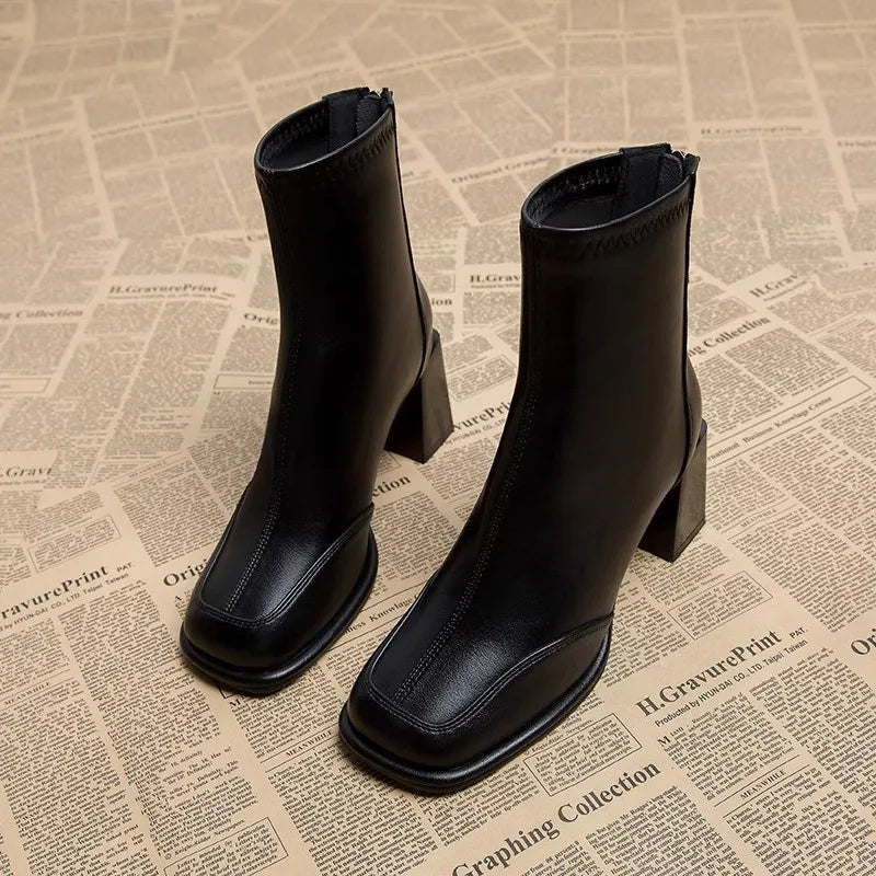 British Vintage Square Toe Ankle Boots Women 2025 Autumn Winter Thick High Heel Black Pu Boots Woman Cowboy Short Booties Shoes