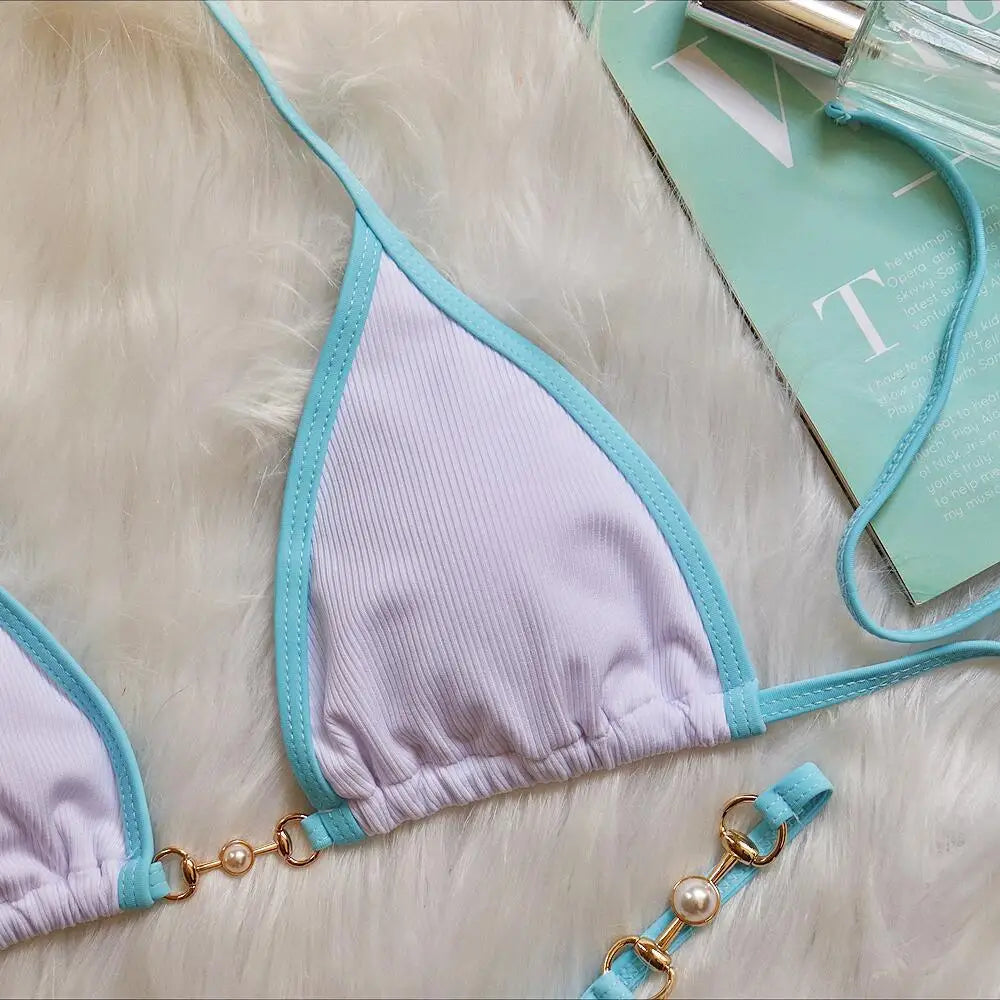 Bikini sexy con cuello halter y perlas para mujer, traje de baño femenino de dos piezas con ribete acanalado