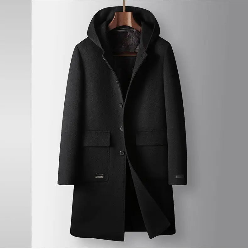 2024 Winter New Men's Hoodie Medium Long Woolen Coat Rabbit Plush Thick Warm Casual Coat High end Fabric 100% Pure Wool