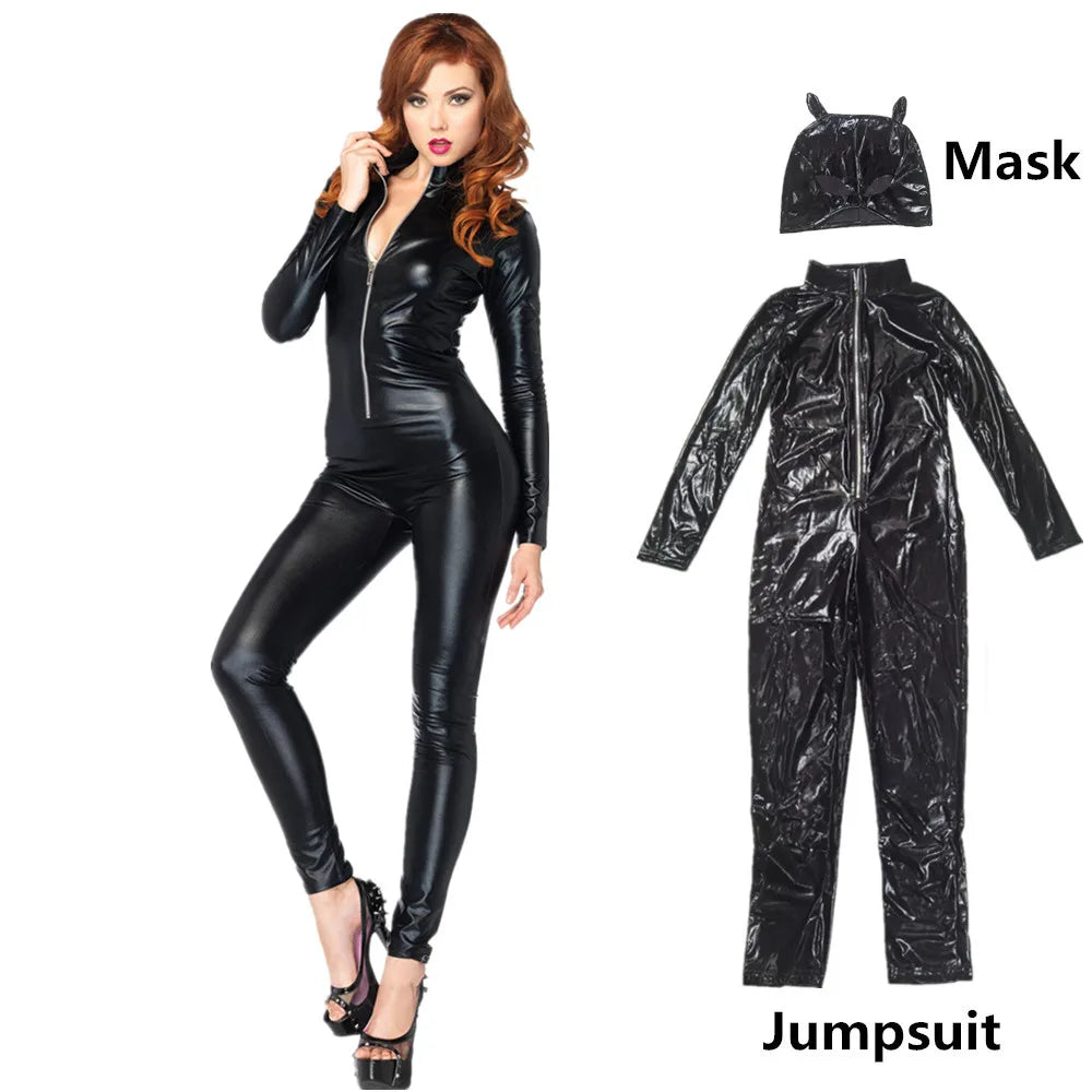 Sexy Cat Womens Jumpsuit Zentai Suit Fancy Dress Shiny Black Wetlook Leather Cat Catsuit Halloween Costumes For Women