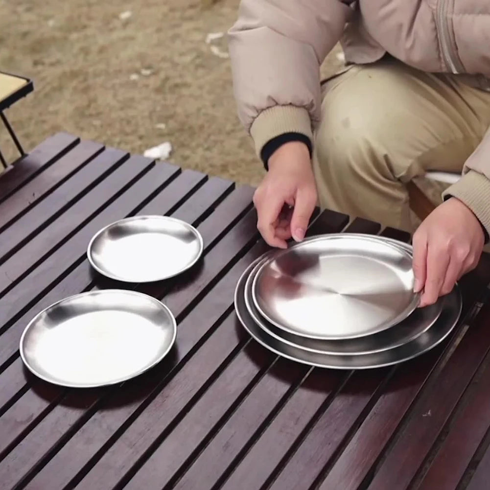 Plato de camping de acero inoxidable, vajilla, contenedor de alimentos, plato de picnic, utensilios de cocina, equipo de camping para senderismo, suministros de camping, nueva base