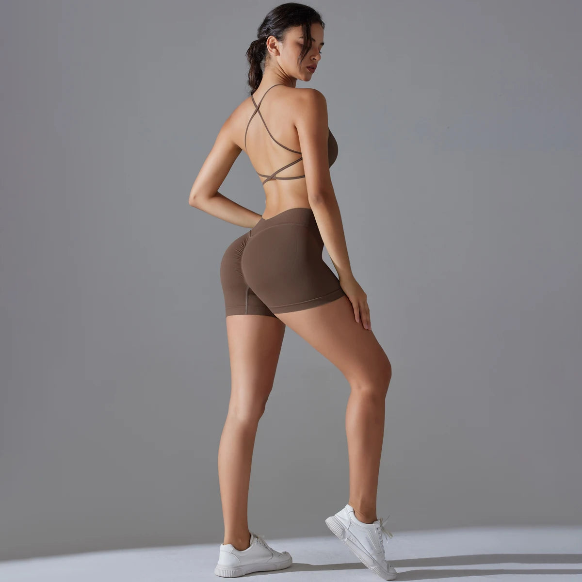 Conjunto deportivo de yoga, mallas de gimnasio de secado rápido, tirantes cruzados con absorción de impactos, pantalones cortos de ciclismo para mujer, entrenamiento de yoga.