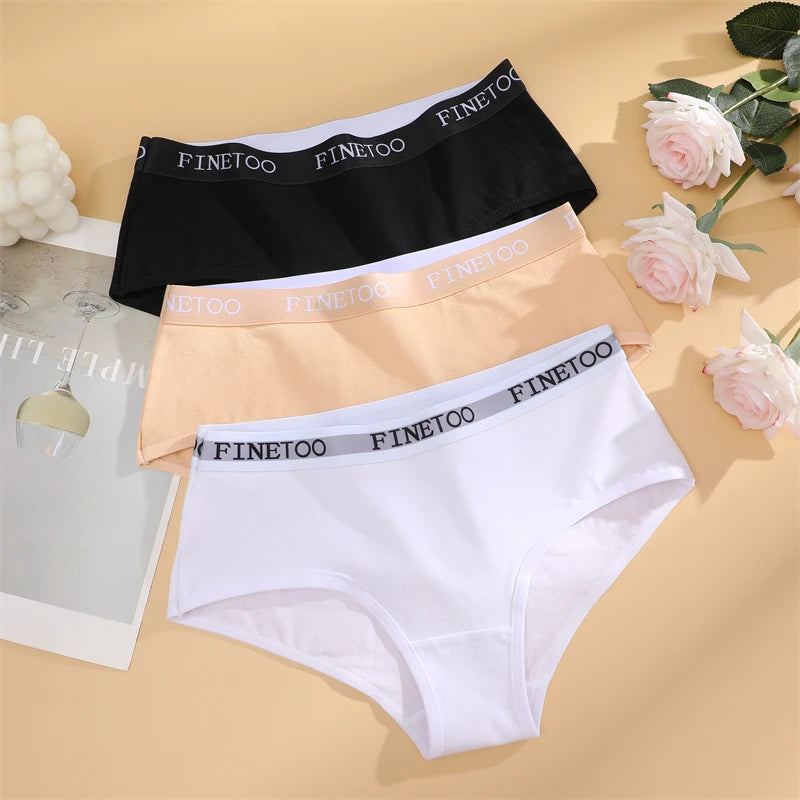 FINETOO - 3 piezas de ropa interior de algodón con cinturón y letras para mujer, bragas sexys, transpirables, de cintura baja, elásticas y cómodas.