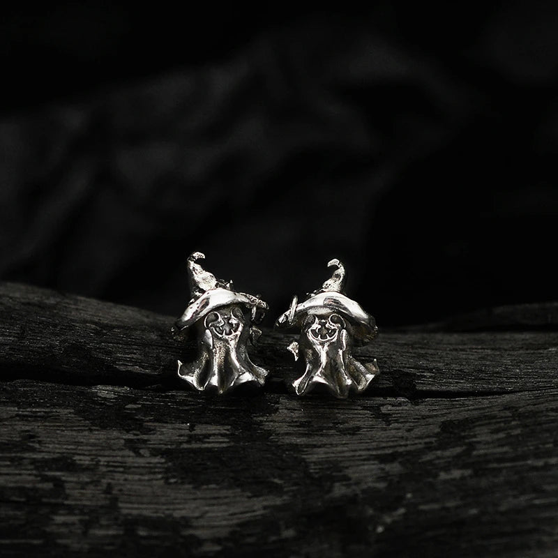 Pendientes de plata de ley 925 con forma de sombrero mágico y fantasma para mujeres y niñas, con personalidad, estética y accesorios de joyería de Halloween.
