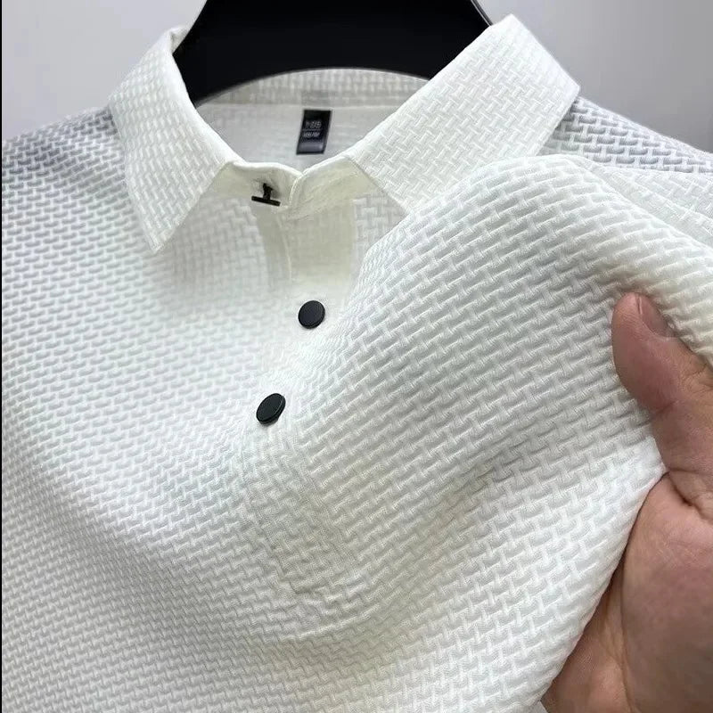 Camiseta de manga corta de seda de hielo para hombre, nueva camiseta de verano con cuello redondo y estampado de gofre, de alta elasticidad, sin costuras, informal, de negocios.