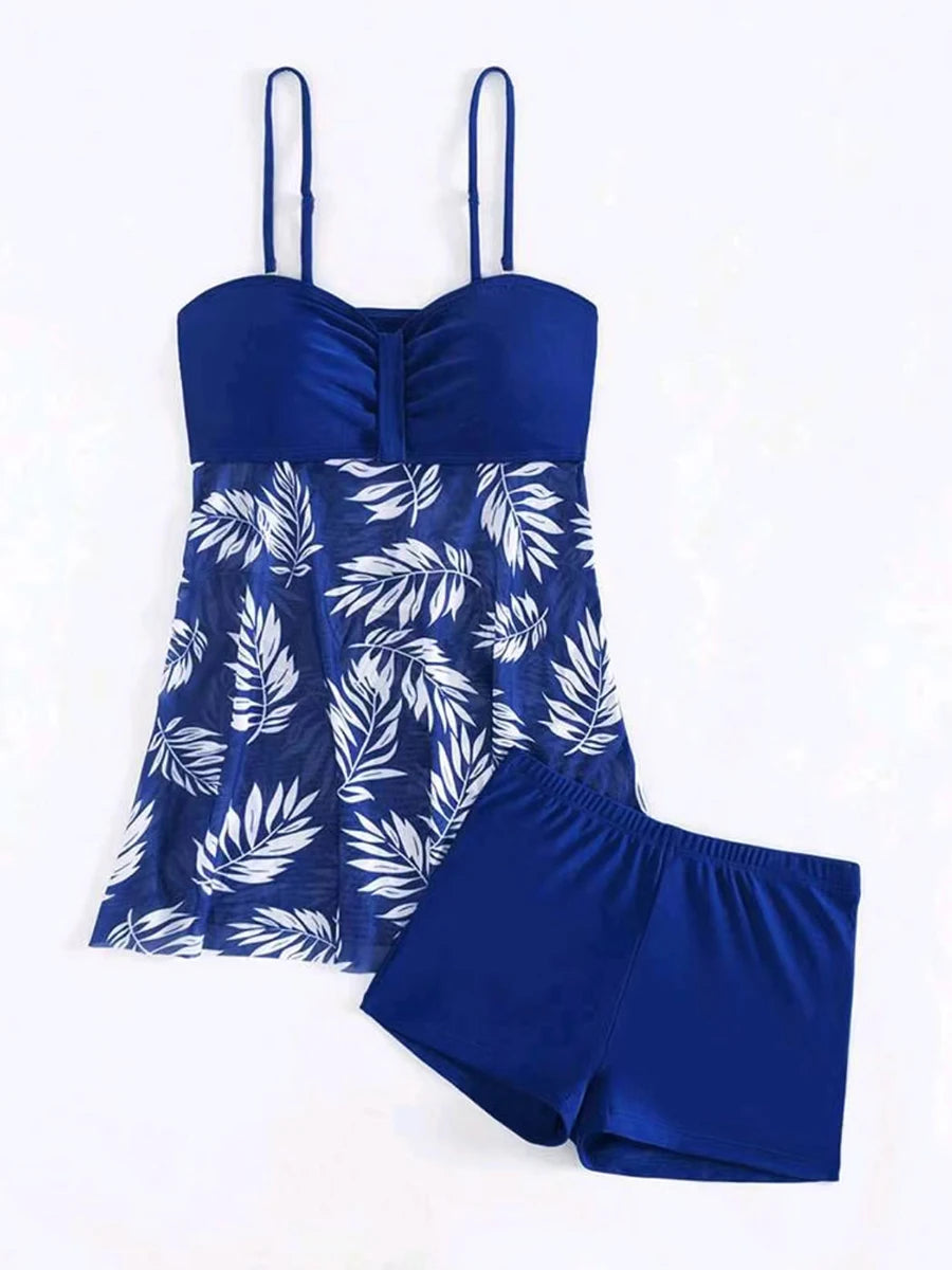 2025 Vestido corto tankini con pantalones cortos traje de baño para mujer traje de baño femenino acolchado estampado traje de baño natación ropa de playa verano