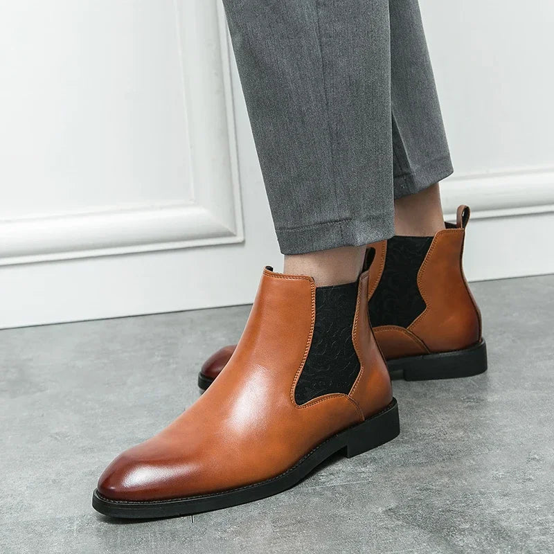 Botas Chelsea para hombre, de PU, lisas, hasta el tobillo, de caña alta, tacón bajo, con banda elástica tallada, botas formales de trabajo para negocios, tallas grandes 38-46