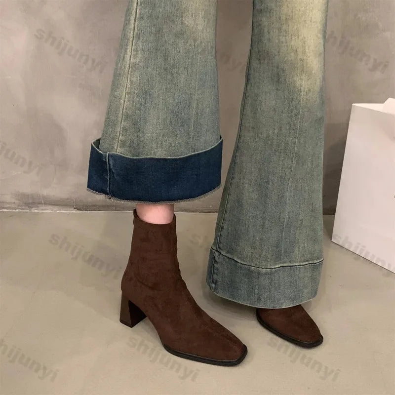 Vintage Women Ankle Boots 2024 Fashion Square Toe Thick High Shoes Autumn Winter New Ladies Elegant Stretch Slim Short Booties