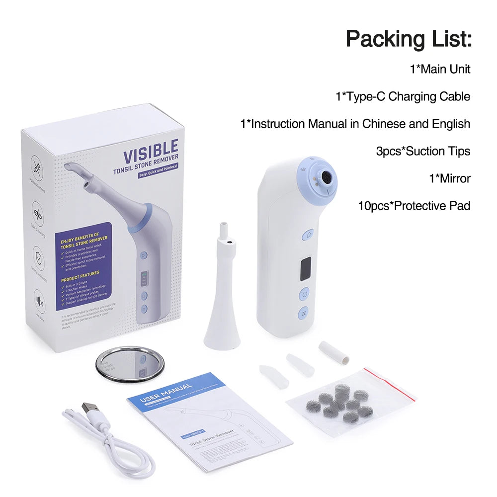 Herramienta eléctrica visible para eliminar cálculos amigdalinos. Kit visible para eliminar cálculos amigdalinos con 3 modos de succión. Cuidado bucal.