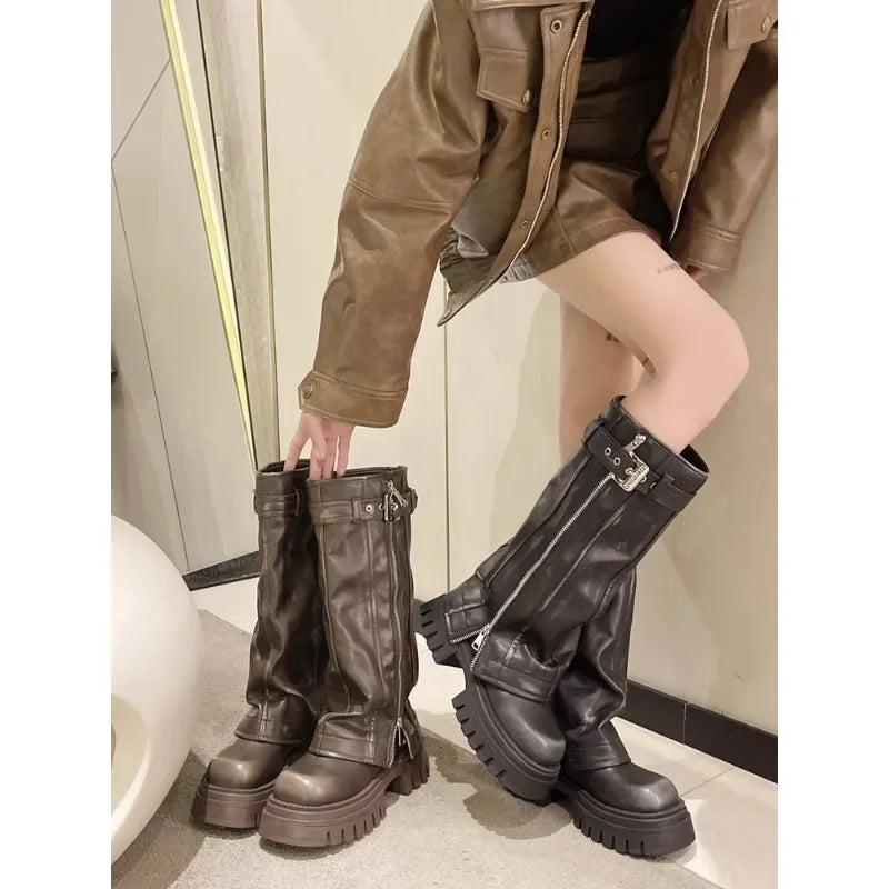 Botas de media caña para mujer de la marca Desinger Knight, con plataforma de tacón alto grueso, estilo punk, estilo motociclista, estilo gótico, para la calle.