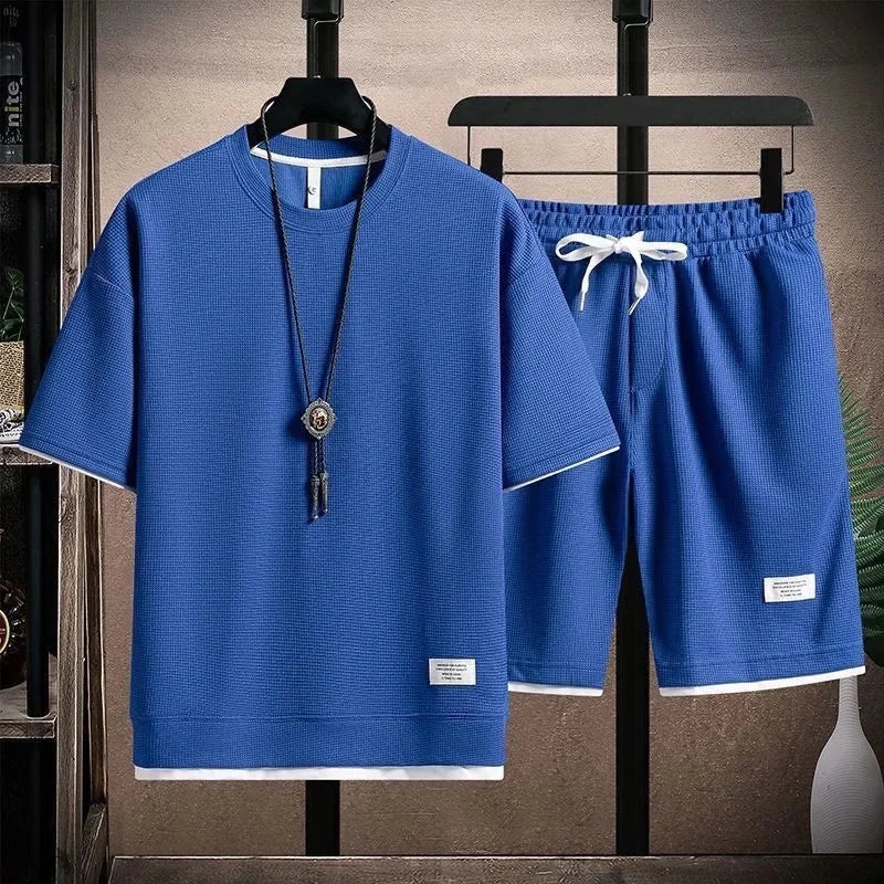 Conjunto deportivo informal de verano para hombre, pantalones cortos de manga corta con cordón, pantalones holgados de cinco cuartos, traje fino de dos piezas para hombre