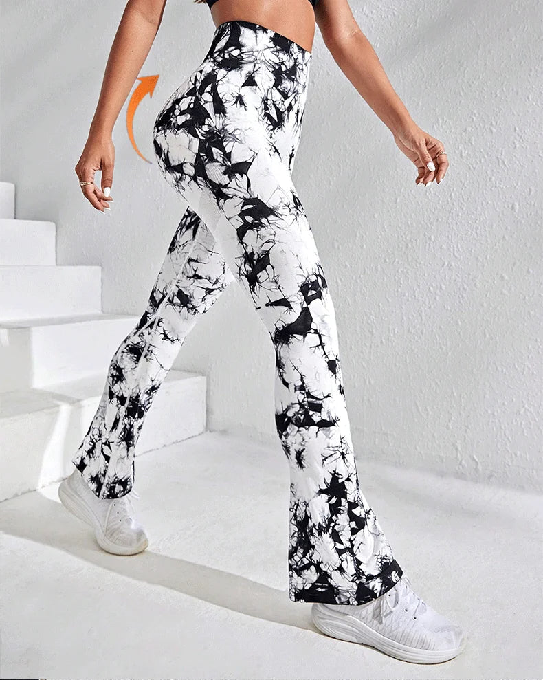 Women Tie Dye Flared Pants Knit Seamless Leggings High Waist Butt Lift Fitness Pants Gym Yoga Cycling Slim Fashion Flared Pants