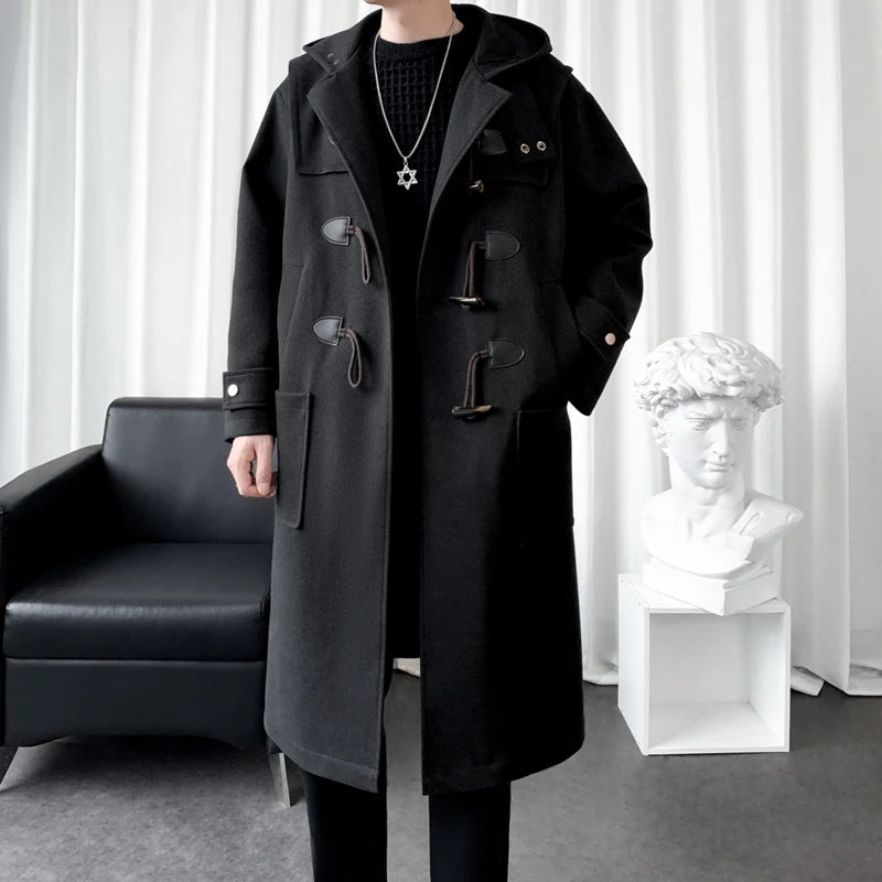Autumn Men Thick Hooded Trench Coat Men Korean Wool Blends Overcoat Men Casual Horn Button Woollen Coat Black Warm Loose Coat