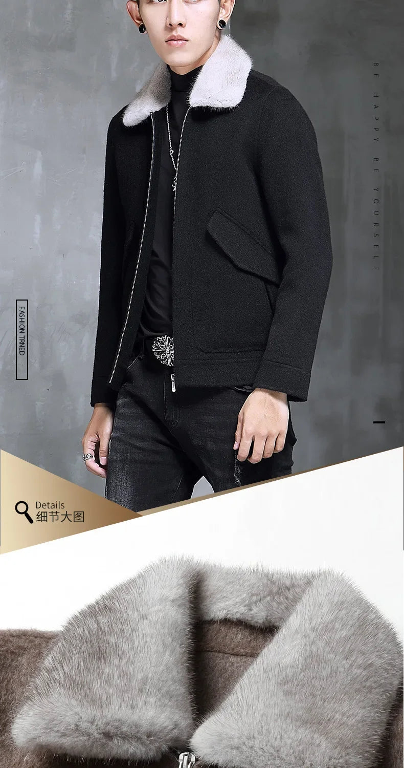 AYUNSUE Spring Autumn Wool Coat Men Double-sided Alpaca Jacket Mink Fur Collar Mens Coats and Jackets Overcoat 1970B KJ3859