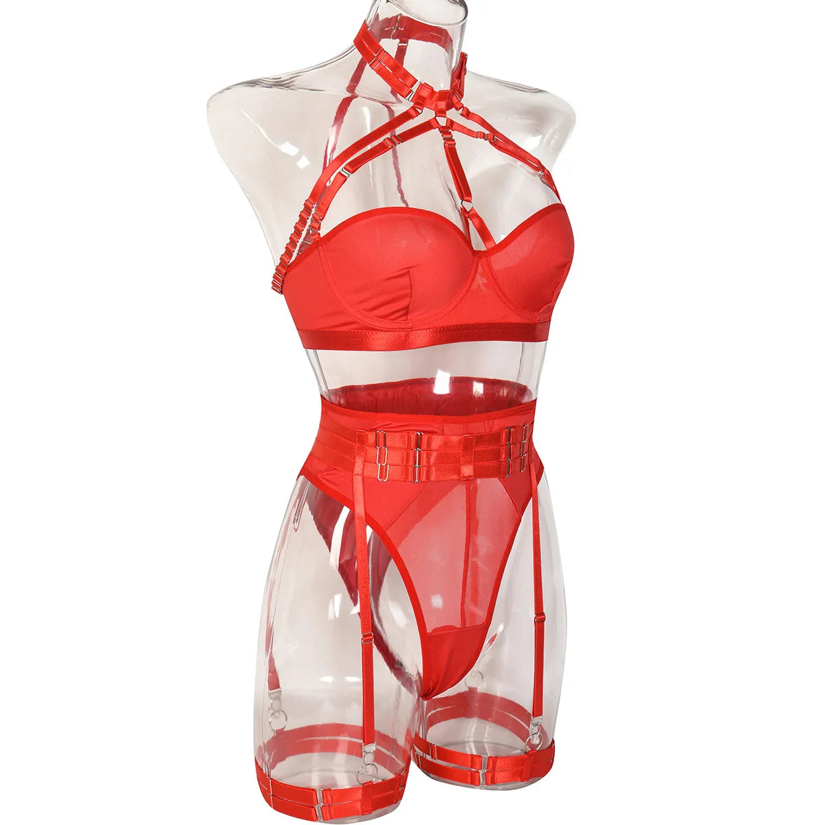 Conjunto de lencería sexy para mujer, con panel de encaje, escote en V profundo, glúteos abiertos, tirantes con forma de corazón de melocotón, cadena cruzada, liguero, ropa interior de tres piezas