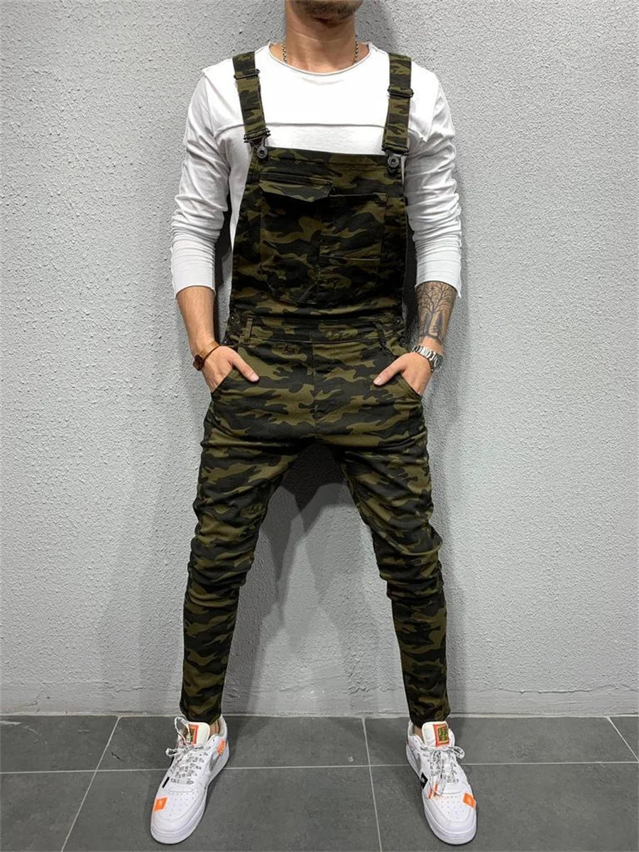Mono de camuflaje para hombre, estilo urbano, con múltiples bolsillos, corte ajustado, pantalón cargo vaquero, peto vaquero, estilo casual.