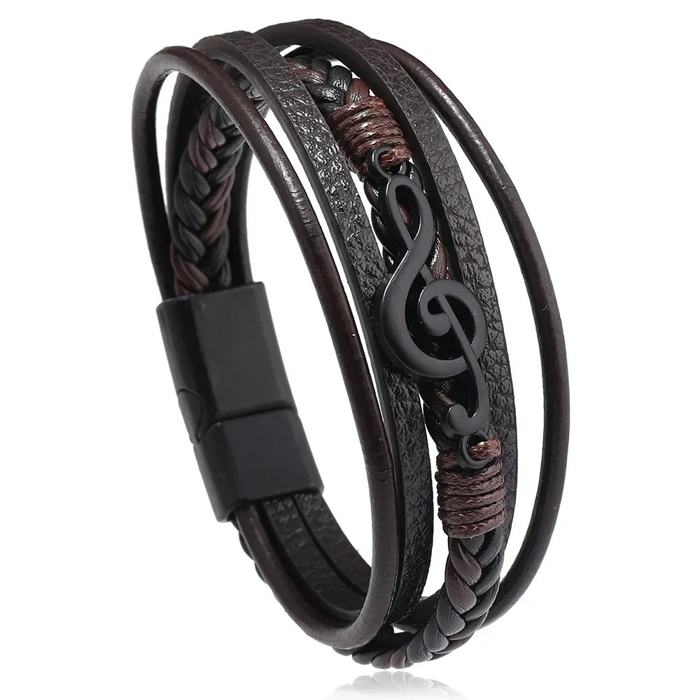 Pulseras para hombre, nuevas pulseras retro creativas con símbolo musical, pulseras sencillas de cuero multicapa con hebilla magnética, joyería