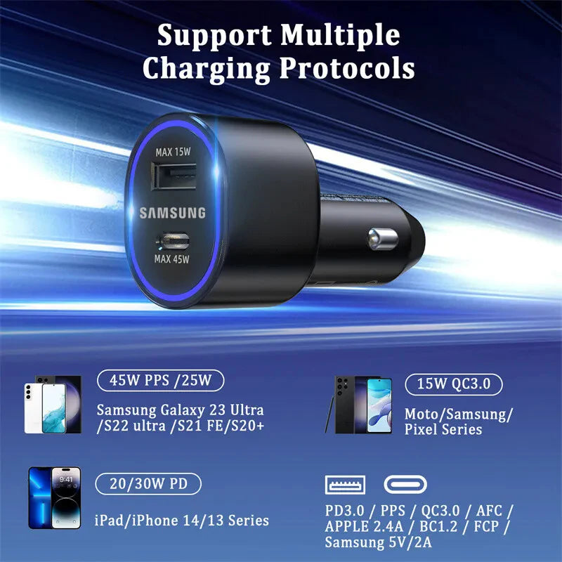 Cargador de coche original Samsung de 45 W, tipo C PD, carga rápida, Samsung S25, S24, S23 Ultra Plus, S22, S21 FE, A54, A55, Z Flip, Z Fold 7, 6, 5, 4
