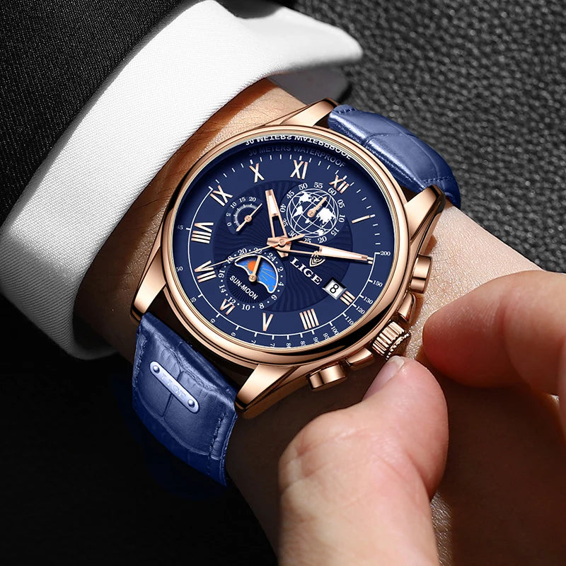 LIGE 2024 - Nuevo reloj de cuero azul para hombre, marca de lujo, resistente al agua, deportivo, con fecha, de cuarzo, Masculino