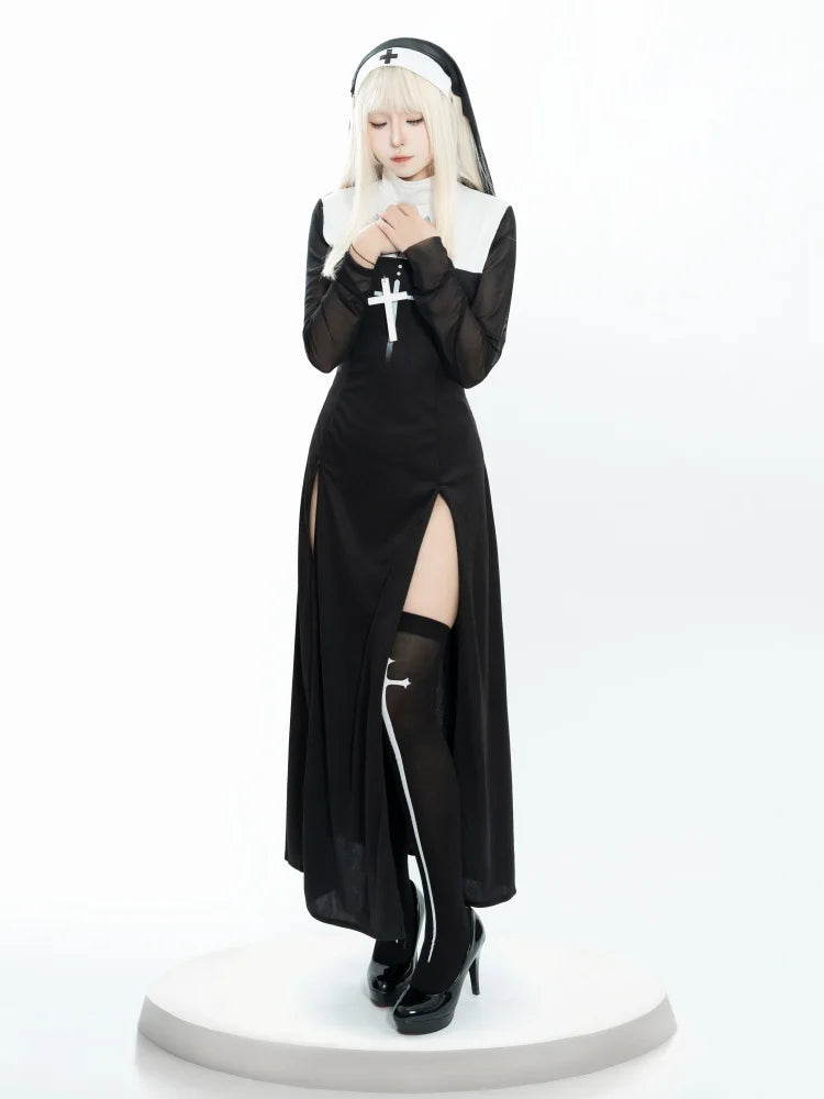 Sexy Anime Nun Cosplay Costume Women Fancy Dress Uniform Halloween Party Adult Madonna Dress Black Fancy Robe Headdress Set 2025
