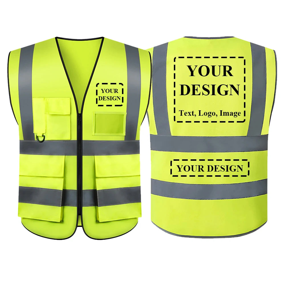Chaleco de seguridad con logotipo personalizado para hombre y mujer, de alta visibilidad, con bolsillo y cremallera, para trabajo de construcción.