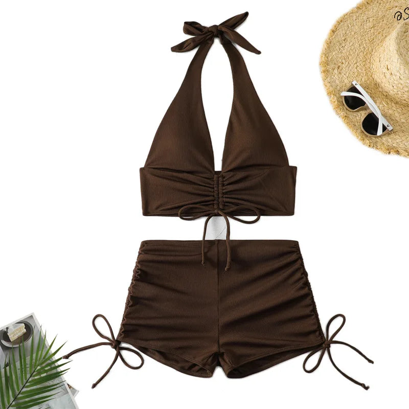 Bikini sexy de cintura alta para mujer, traje de baño de dos piezas, conjunto de bikini brasileño marrón, 2024