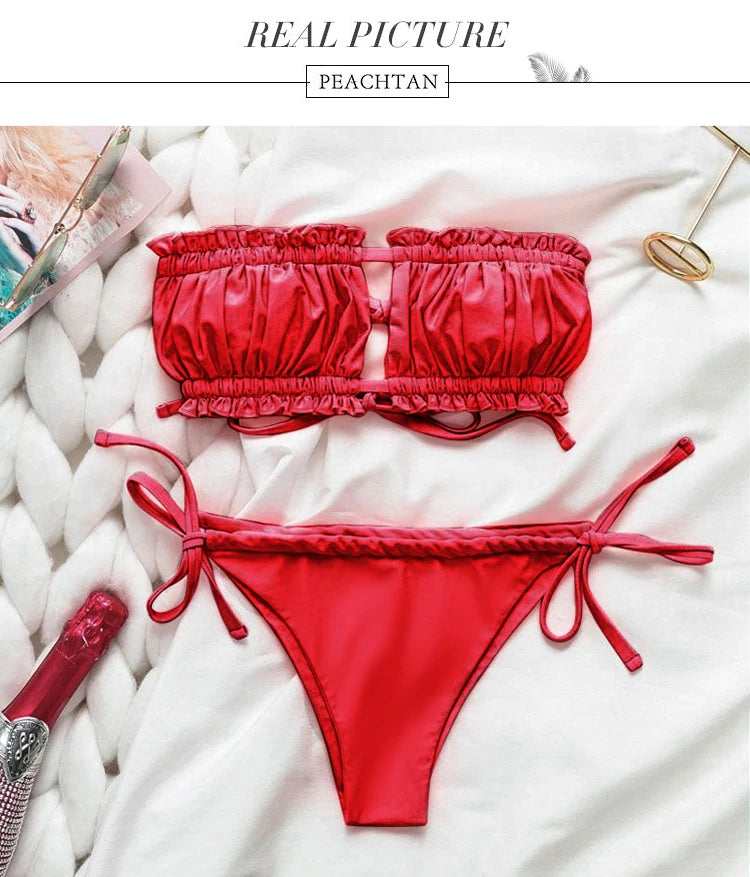 Traje de baño brasileño con tanga y cordones para mujer, traje de baño de verano sin tirantes, bikini de leopardo, micromini Maya, 2024