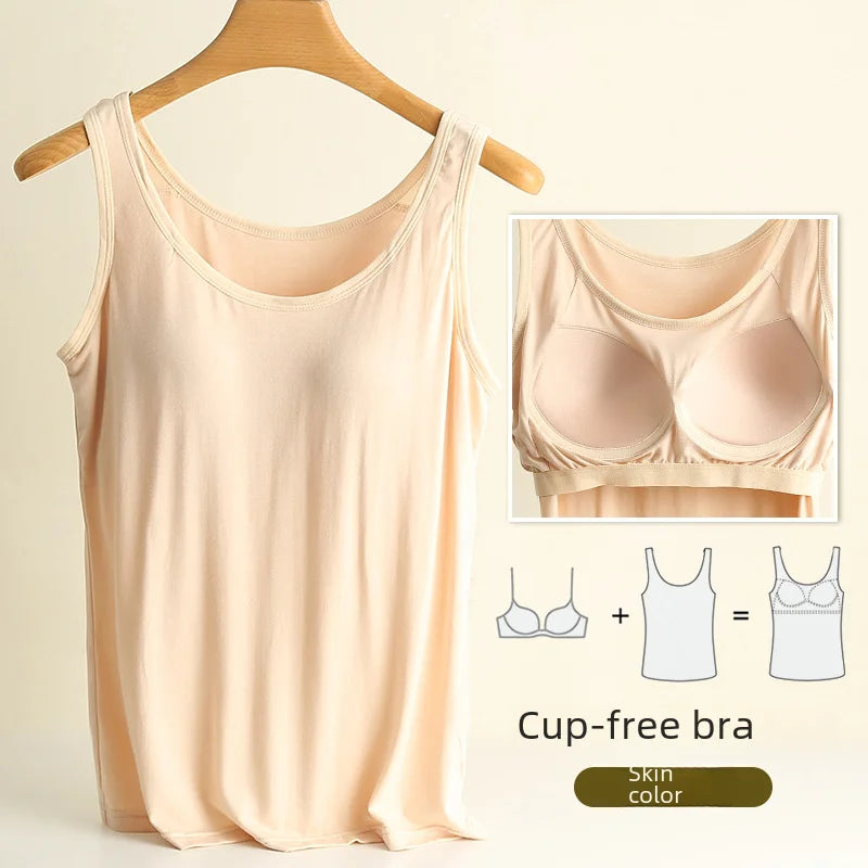 Chaleco de modal para mujer con almohadilla para el pecho, correa de ajuste fino, sujetador de una pieza, camiseta base, transpirable, cómoda, espalda, belleza, almohadilla de algodón