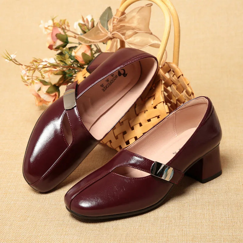 Zapatos Mary Jane vintage de 5 cm, transpirables, cómodos, de boca baja, de piel suave, para mujer, primavera 2025, tacones de bloque medianos para oficina, mamá