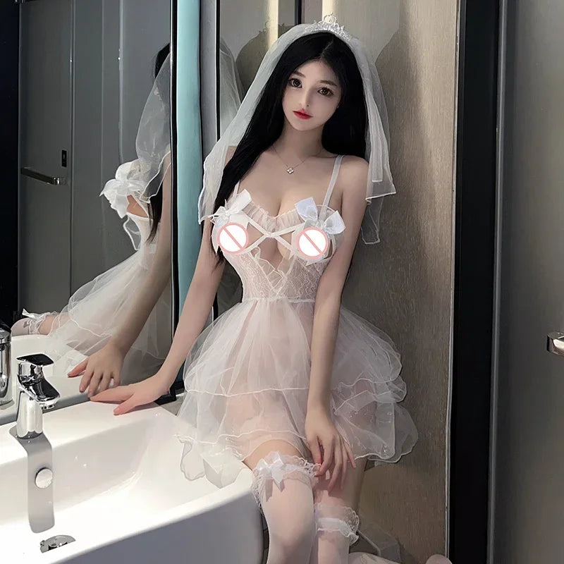 Sexy Bridal Lingerie Set See Through Mesh Babydoll Dress with Veil White Wedding Club Nightwear Cosplay Costume for Women Girls