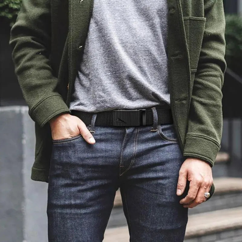 Cinturón de hombre con hebilla automática de metal y nailon de imitación, para trabajo al aire libre, con hebilla automática sin dientes, informal, deportivo, de lona.