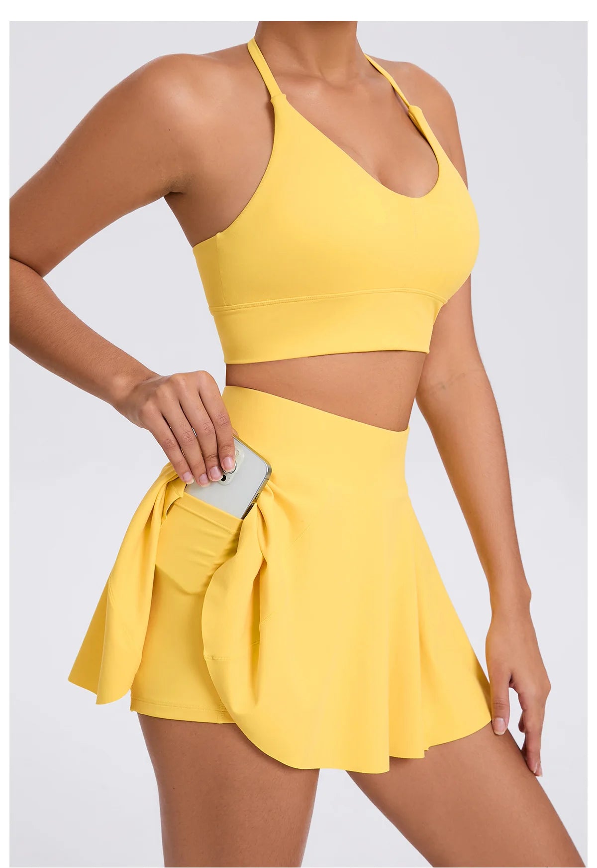 Conjunto de yoga para mujer, sujetador deportivo para exteriores, falda de tenis antiexposición, camiseta sin mangas de yoga transpirable de secado rápido, novedad de 2025