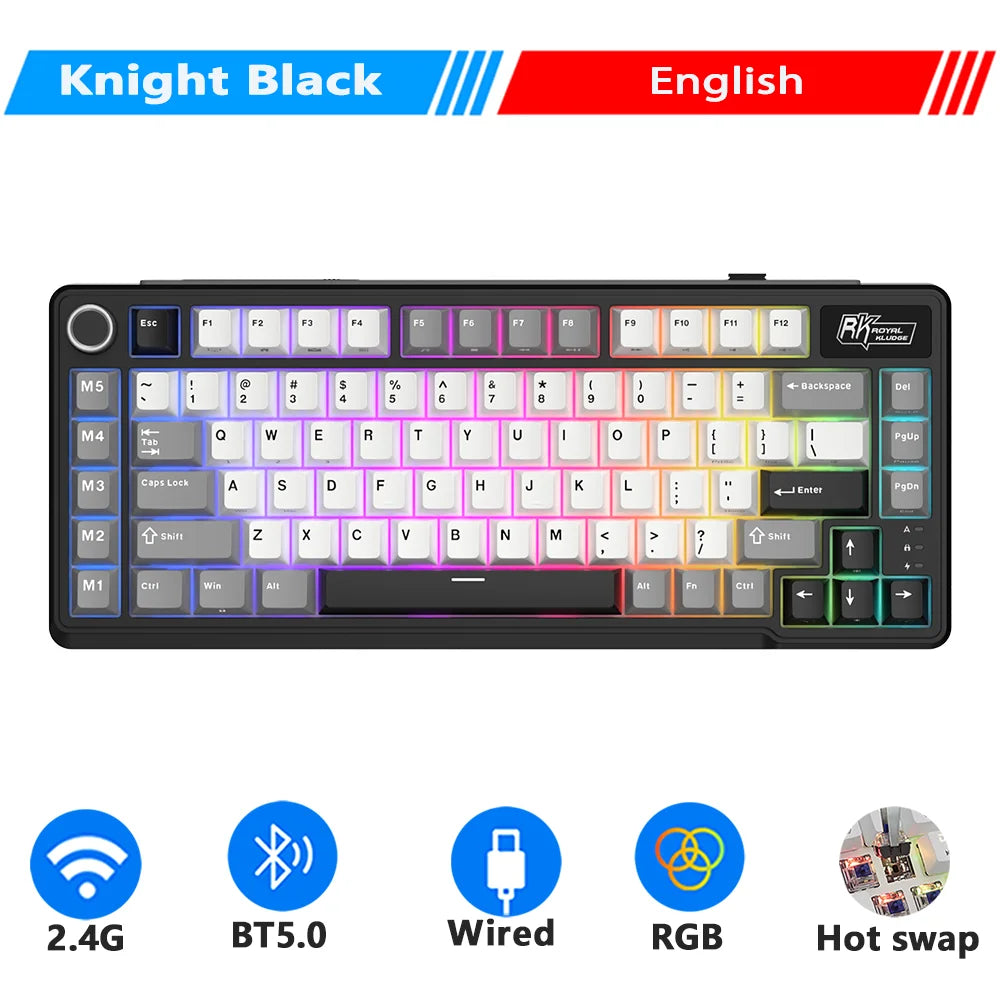 RK ROYAL KLUDGE L75 Teclado mecánico personalizable con cinco teclas de acceso directo, estructura de junta, retroiluminación RGB de tres modos, teclado para gamers