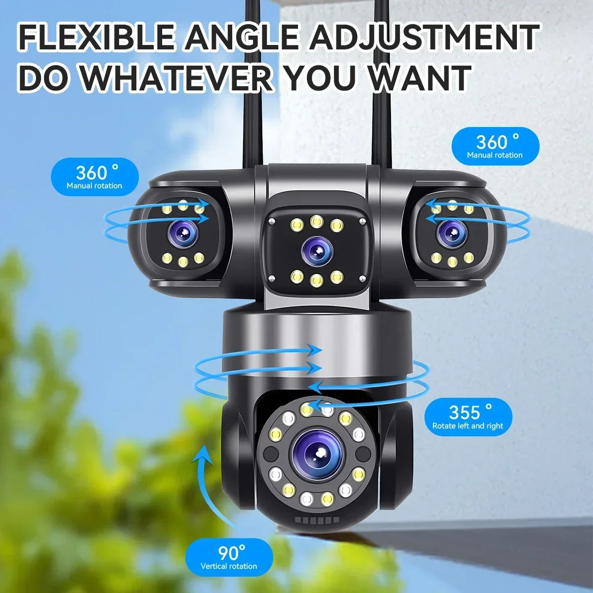 Cámara de seguridad para el hogar 10K 20MP para exteriores con WiFi, 4 lentes, 4 pantallas, zoom 360° 16X, CCTV, vigilancia inalámbrica, PTZ, protección de seguridad