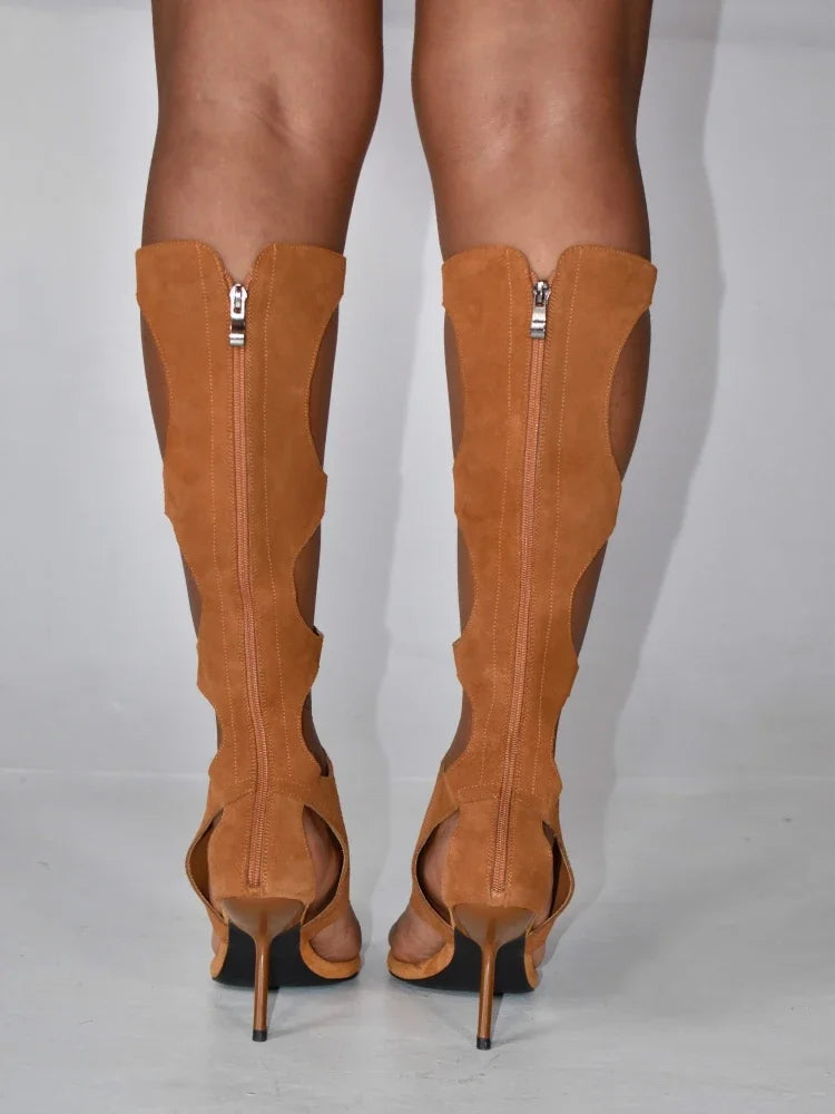 Botas de lujo para mujer (2025) | Tacón de aguja recortado con crin de caballo auténtica y cremallera trasera | Zapatos de vestir para fiestas de noche y club