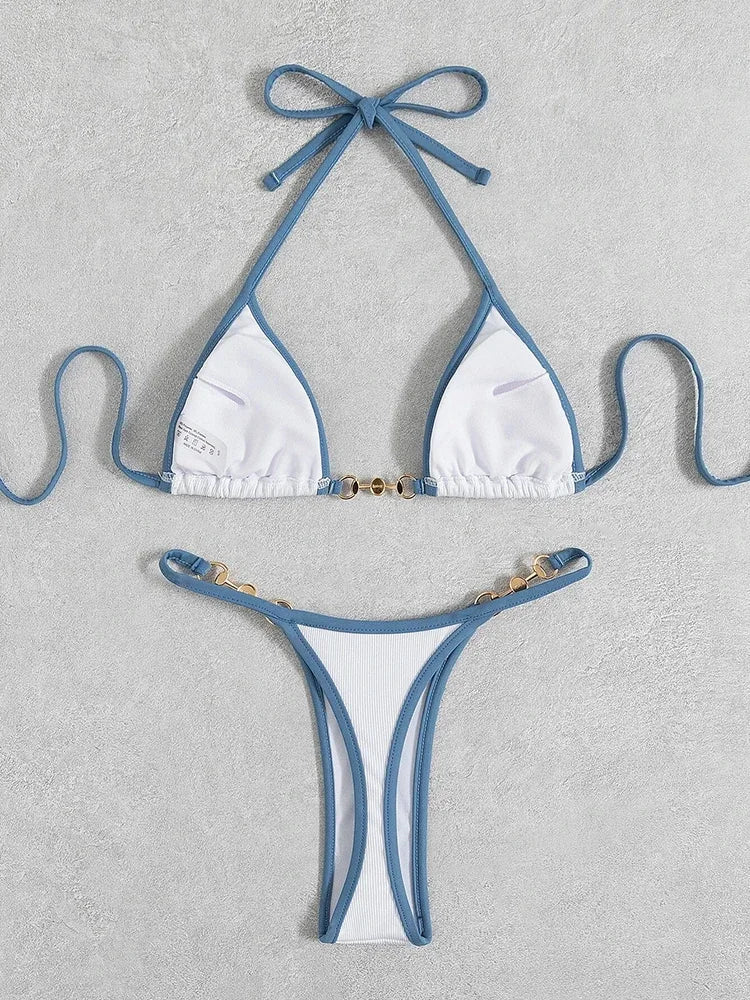 Bikini sexy con cuello halter y perlas para mujer, traje de baño femenino de dos piezas con ribete acanalado