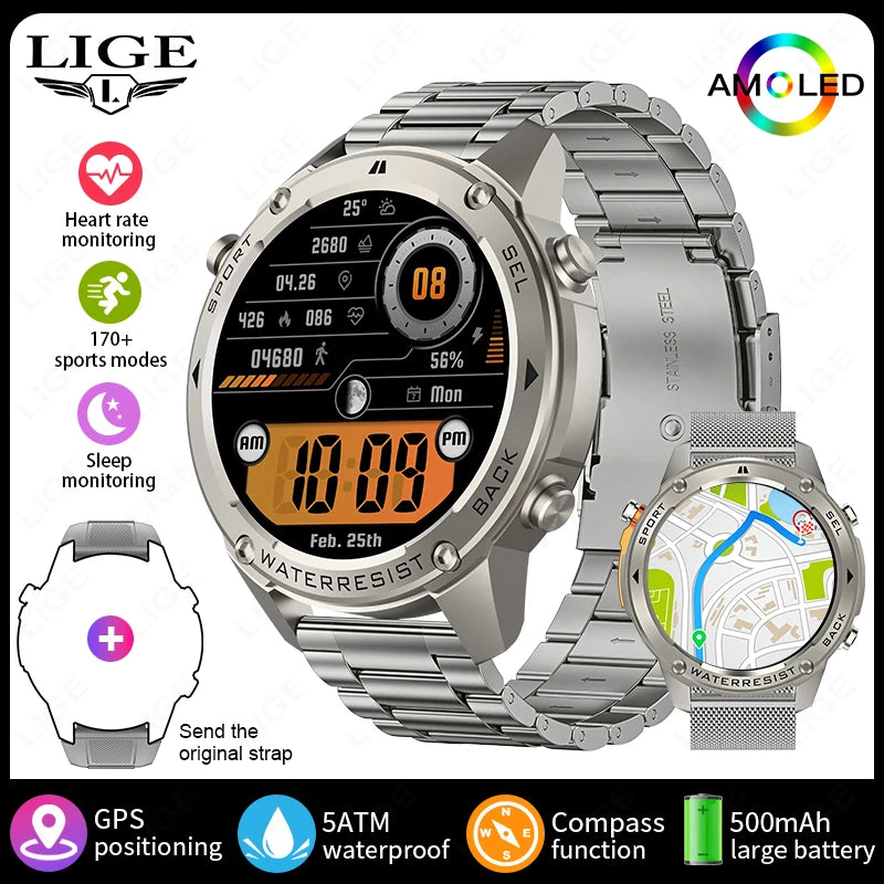 Nuevo reloj inteligente para exteriores para hombre, batería de larga duración de 500 mAh, pantalla AMOLED, resistente al agua hasta 5 ATM, monitor de ritmo cardíaco, GPS, reloj inteligente militar.