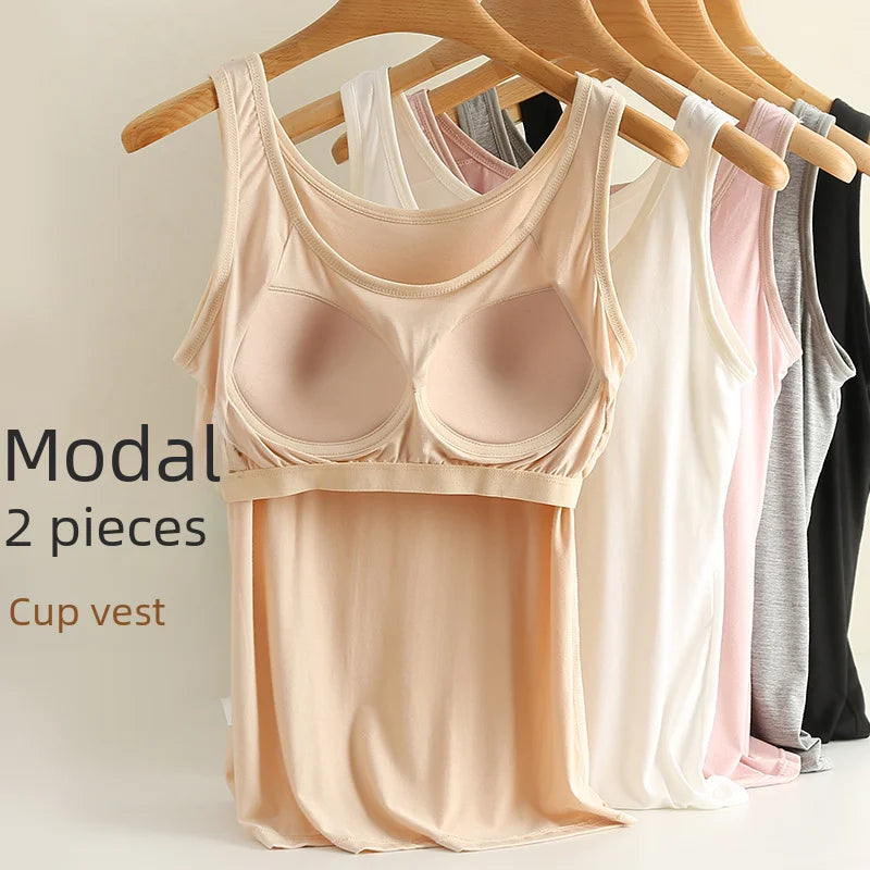 Chaleco de modal para mujer con almohadilla para el pecho, correa de ajuste fino, sujetador de una pieza, camiseta base, transpirable, cómoda, espalda, belleza, almohadilla de algodón