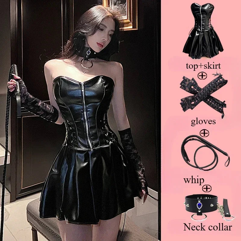 PU Leather Top and Skirt Set Vestido Strapless Top Shiny Hot Dress Tight Package Hip Queen Uniform Sexy Clubwear Cat Girl Set