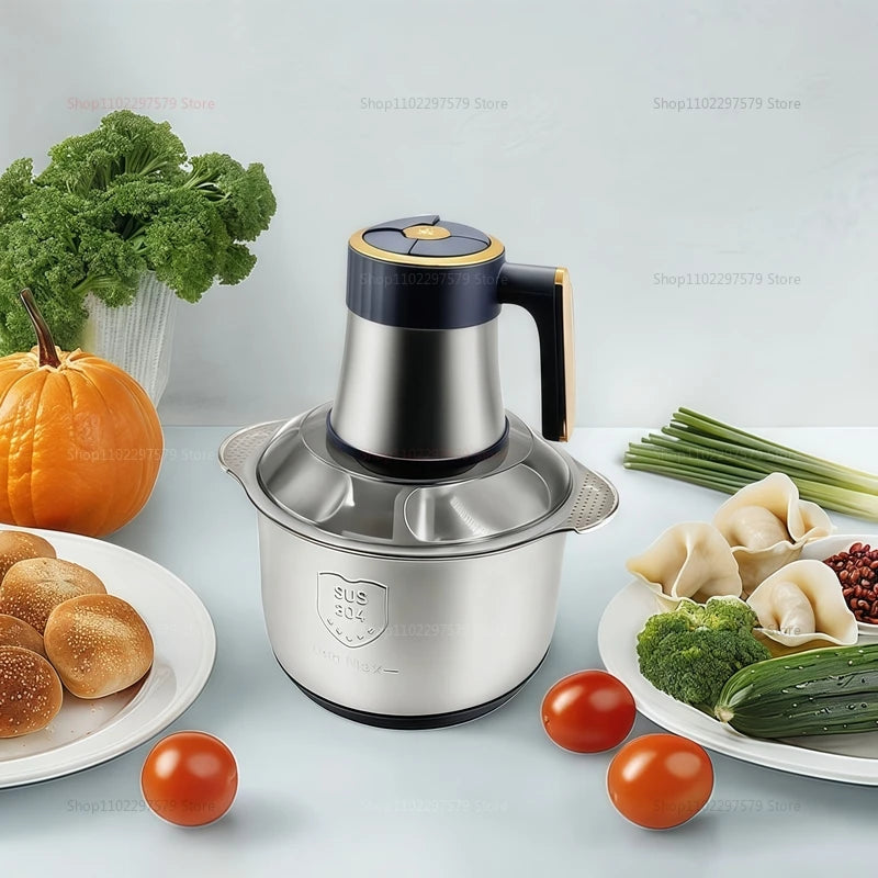 Picadora de carne eléctrica de 5 l, trituradora de alimentos, cortadora de verduras multifunción de acero inoxidable, procesadora, picadora, licuadora de cocina