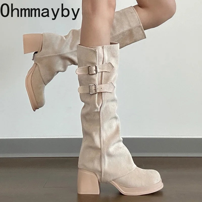 Botas vintage para mujer, con hebilla de cinturón extraíble, para otoño e invierno, con tacón grueso, elegantes y largas.