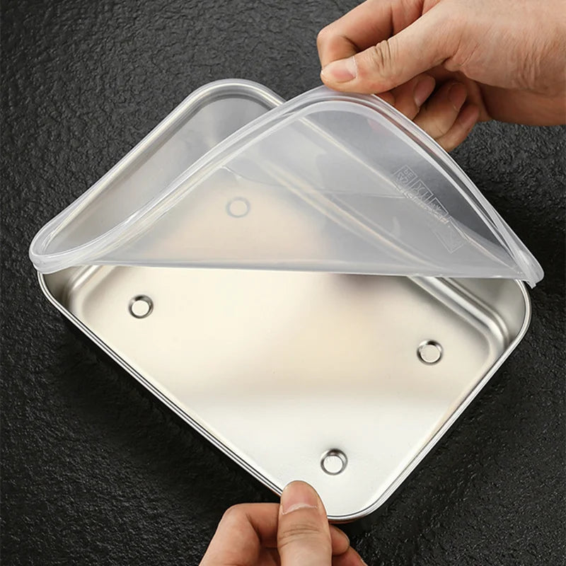 Bandeja de acero inoxidable 304 para conservar alimentos frescos con tapa, ideal para el refrigerador, para sellar frutas, para comidas, para cocina, bento.