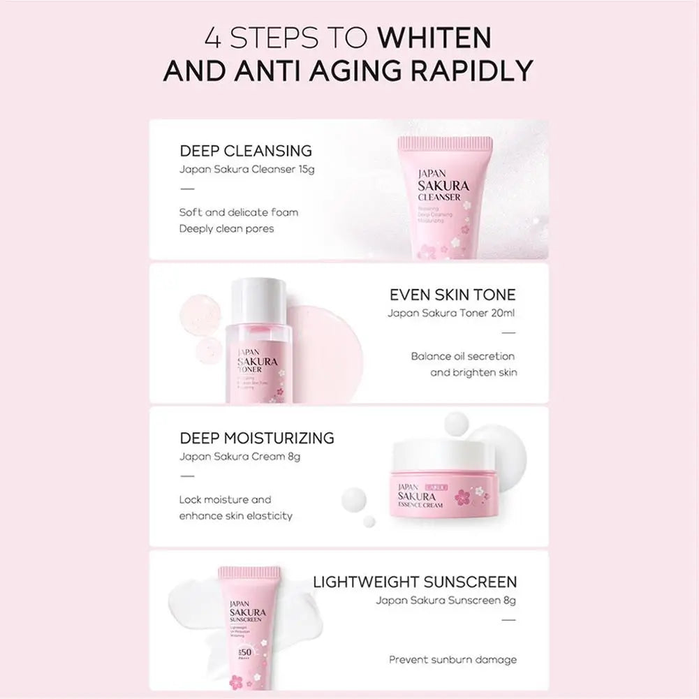 Sakura Skin Care Sets (4 unidades/bolsa): Limpiador facial, tónico facial, protector solar, hidratante, suavizante y nutritivo.