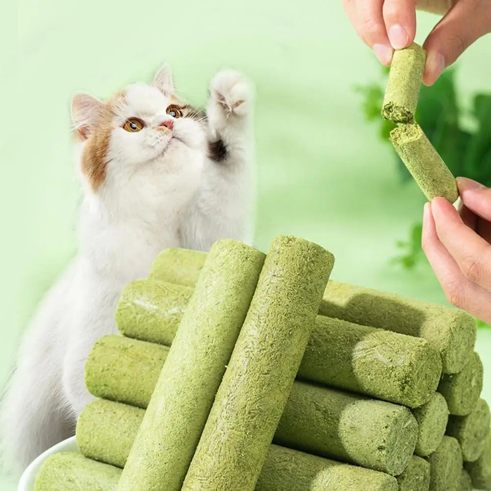 Snacks para mascotas con aroma a hierba para gatos, suaves para la limpieza dental, pastillas para gatos y rechinar los dientes.