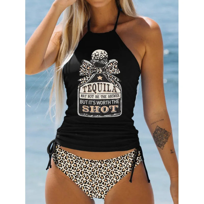 Women's Bathing Suit Coconut Drawstring Side Halter Neck Tankini Set Summer Beach Wear Cute Swimwear Women Swimsuit Sexy Bikini