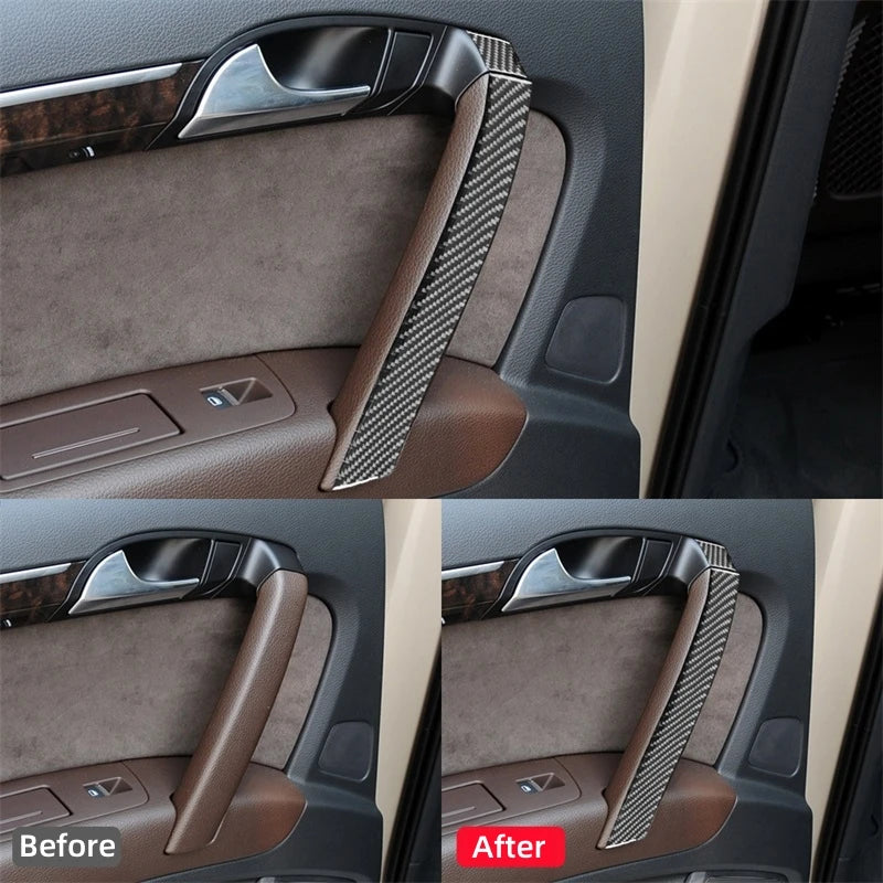 Para Audi Q7 2007-2015, accesorios para coche, fibra de carbono, reposabrazos interior de puerta, pegatina decorativa, marco de protección