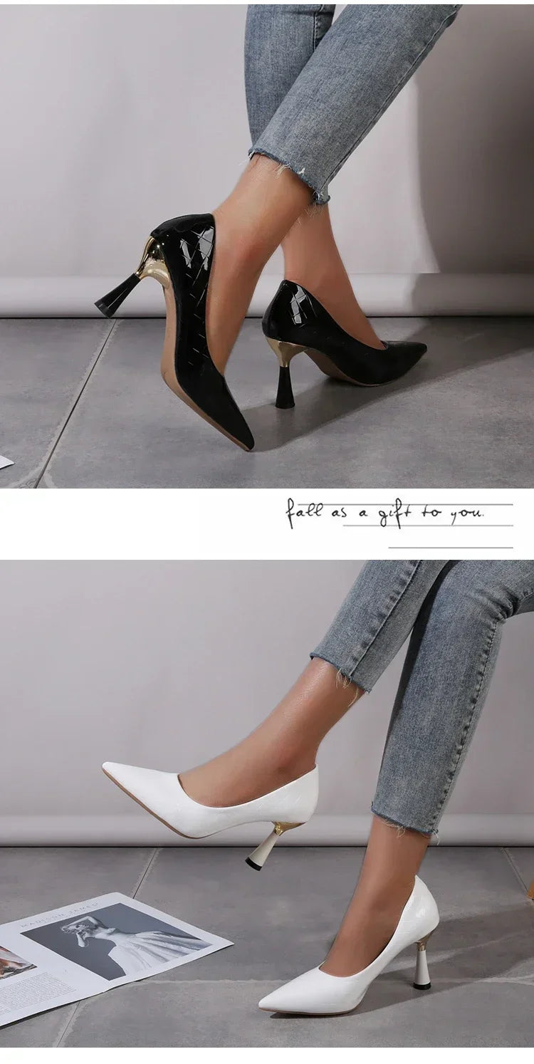 Zapatos Mujer 2024 Tendencia Nuevo Verano Tacones Rojos Elegante Mujer Tacón Negro Punta Puntiaguda Zapatos de Vestir Cuero Blanco Zapatos de Dama